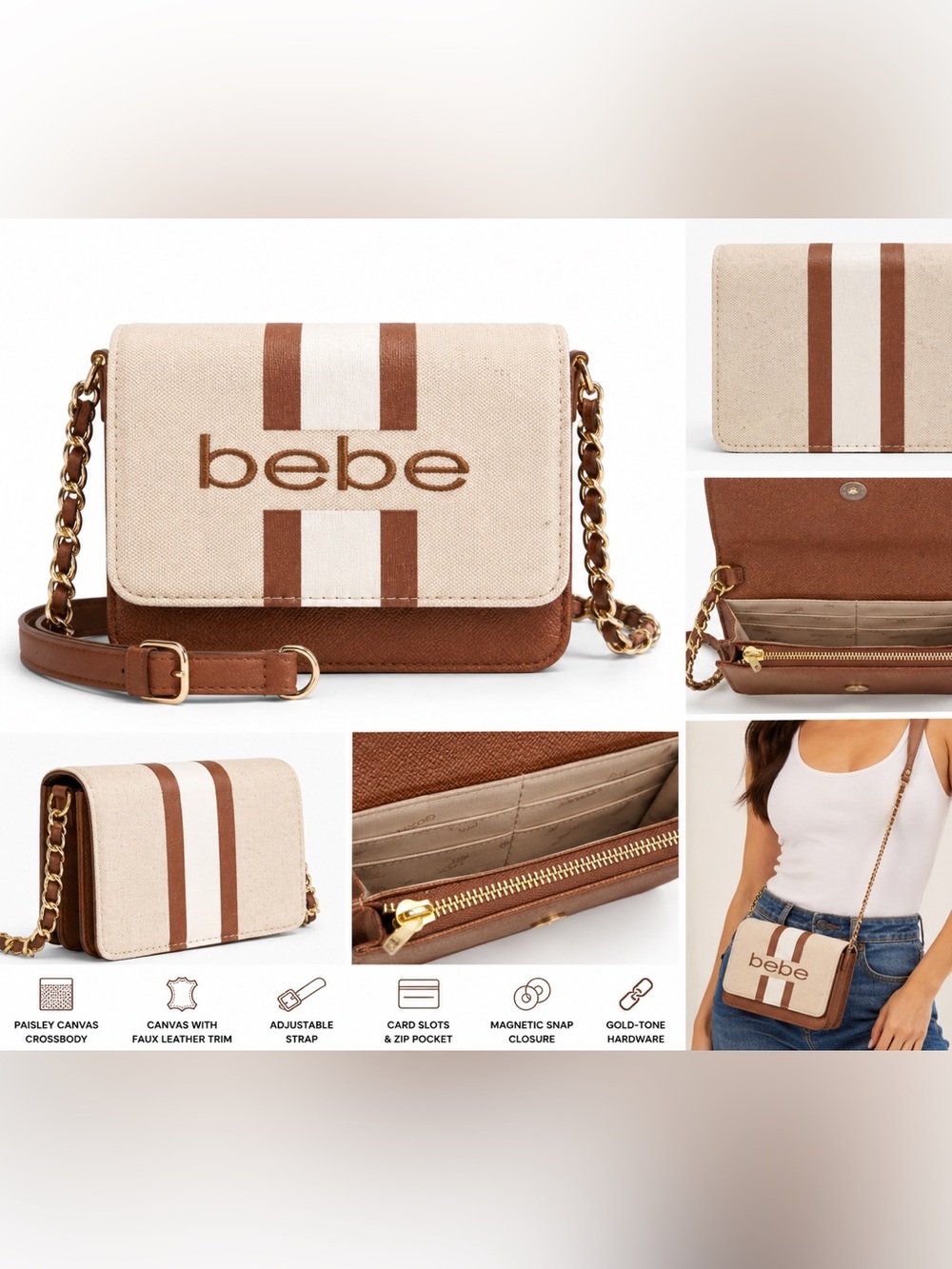 NWT Bebe Paisley Canvas Crossbody Wallet Bag Caramel Stripe Logo MSRP $89